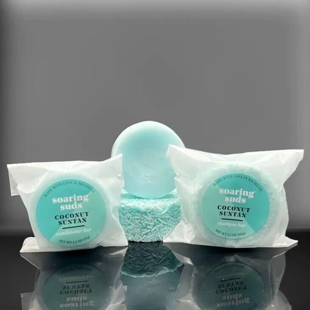 SOARING SUDS LOT OF 2 COCONUT SUNTAN SHAMPOO & CONDITION HANDCRAFTED BARS-NEW